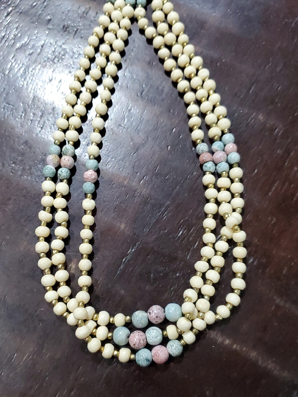 Vintage Cream Multistrand Necklace with Blue and Pink Accents